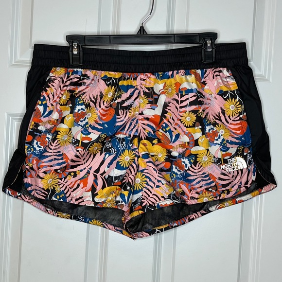 North Face Women Large Hydrenaline 2000 Floral Athletic Shorts Black Pink RUN - Picture 2 of 13